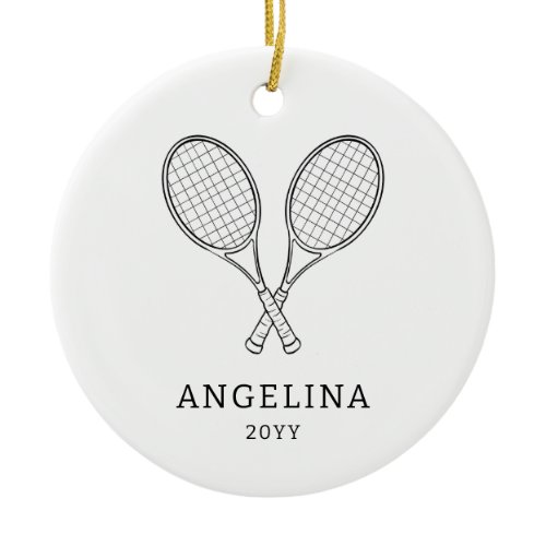 Modern Black Racket Personalized Name Tennis Lover Ceramic Ornament