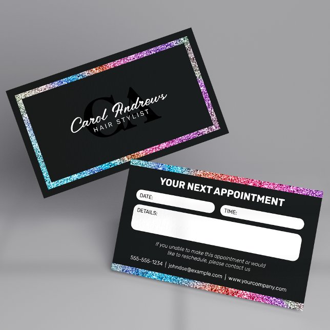 Modern Black & Rainbow Glitter Hair Stylist Appointment Card (Creator Uploaded)