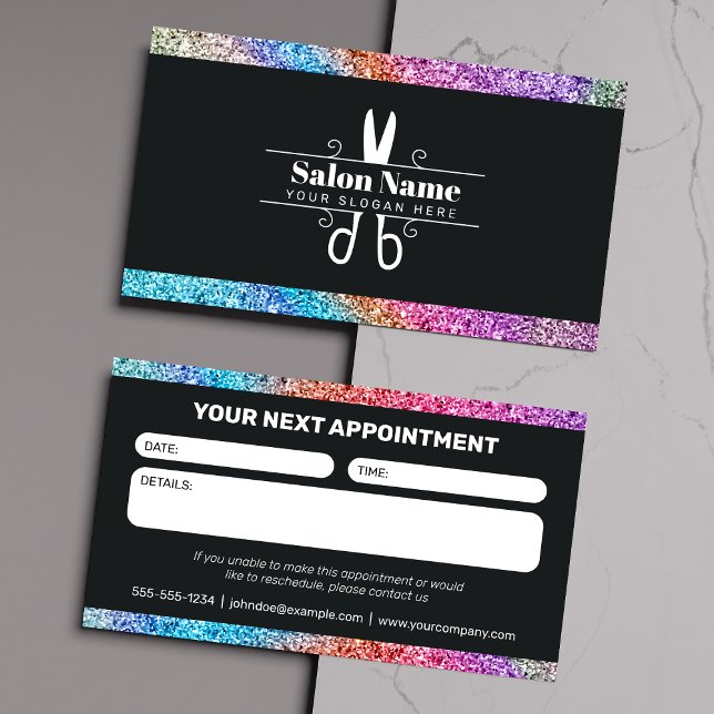 Modern Black & Rainbow Glitter Salon Booking Appointment Card (Creator Uploaded)