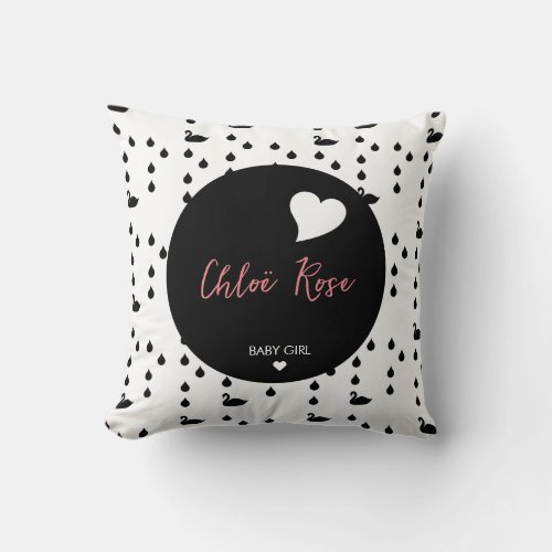 Modern black raindrops pattern with hearts  swans throw pillow