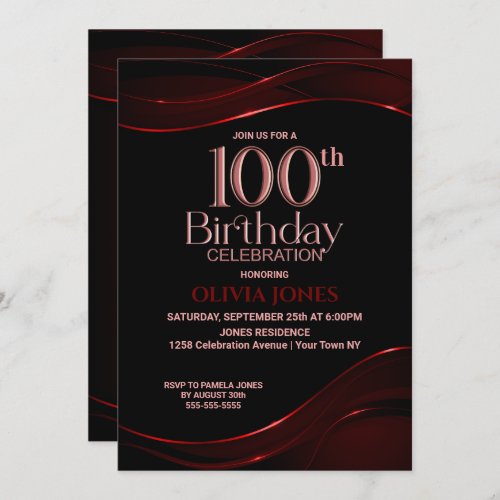 Modern Black Red 100th Birthday Party Invitation