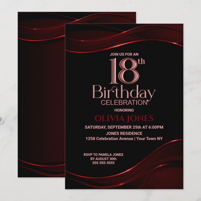 Modern Black Red 18th Birthday Party Invitation (Front/Back)