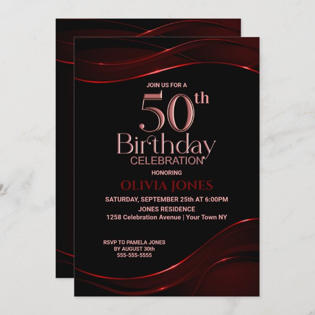 Modern Black Red 50th Birthday Party Invitation (Front/Back)
