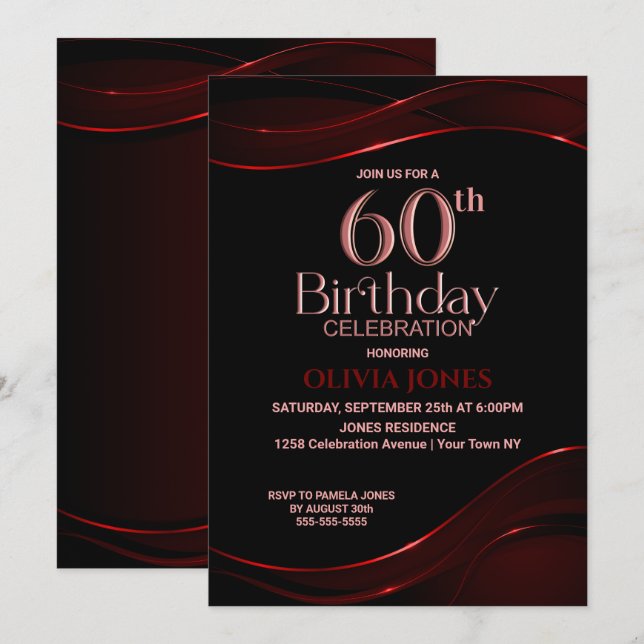 Modern Black Red 60th Birthday Party Invitation (Front/Back)