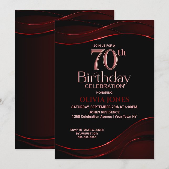 Modern Black Red 70th Birthday Party Invitation (Front/Back)