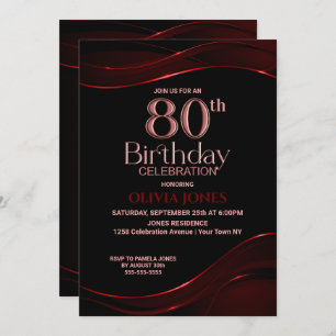 Modern Black Red 80th Birthday Party Invitation