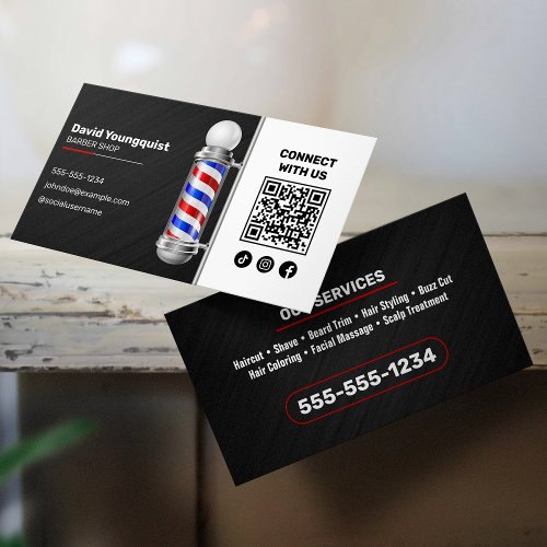 Modern Black Red Barber Shop Pole Connect with us Business Card