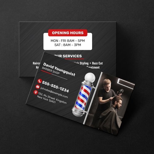 Modern Black  Red Barber Shop Pole Hair Stylist Business Card