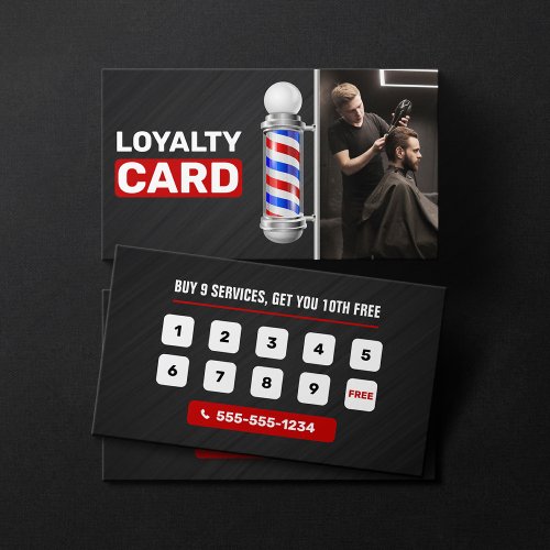 Modern Black  Red Barber Shop Pole Hair Stylist Loyalty Card