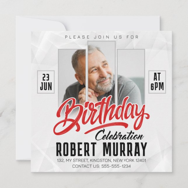 Modern Black, Red Birthday Celebration Man Photo Invitation (Front)