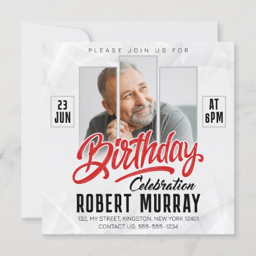Modern Black Red Birthday Celebration Man Photo Invitation