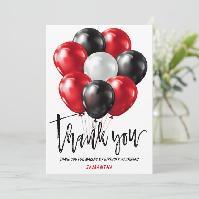 Modern Black Red Birthday Thank You Cards (Standing Front)