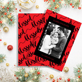 Modern Black & Red “Blessed” Script Photo Holiday Card