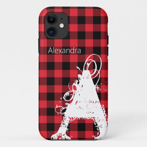 Modern Black Red Buffalo Plaid Big Monogram Name  iPhone 11 Case