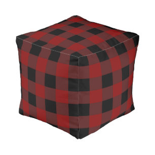 Modern black red checkered buffalo plaid pouf