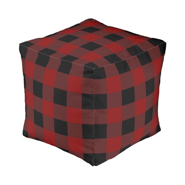 Modern black red checkered buffalo plaid pouf (Angled Front)
