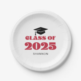 Modern Black Red Class of 2025 Paper Plates