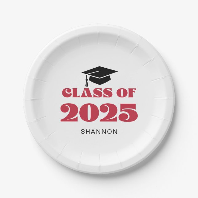 Modern Black Red Class of 2025 Paper Plates (Front)