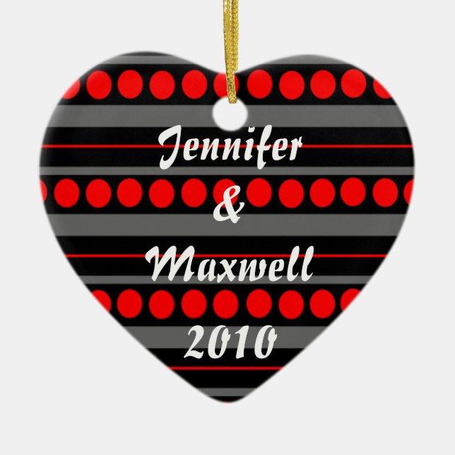 Modern Black Red Dots First Christmas Ornament (Front)