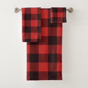 Modern Black & Red Farmhouse Flannel Bath Towel Set