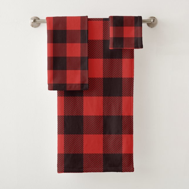 Modern Black & Red Farmhouse Flannel Bath Towel Set (Insitu)