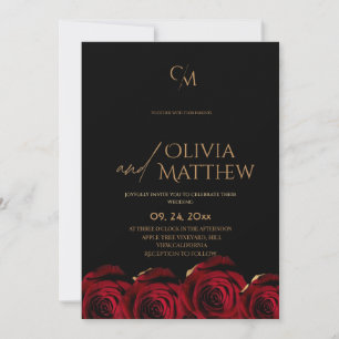 Modern Black Red Gold Rose Wedding Invitation