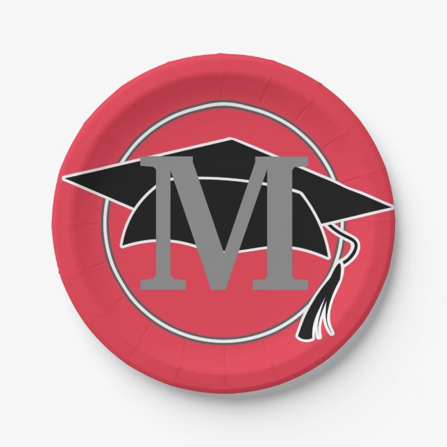 Modern Black Red Graduation Monogram Initial Paper Plates (Front)