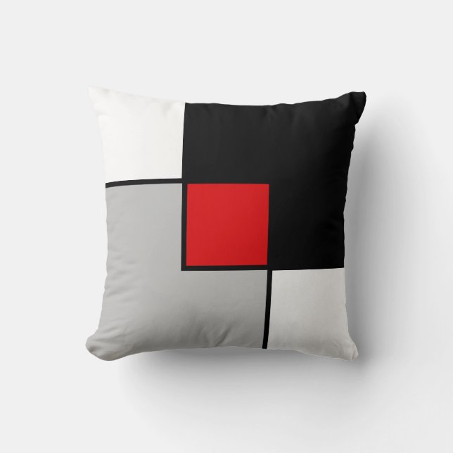 Modern Black Red Gray Squares Throw Pillow (Front)