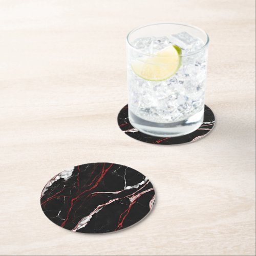 Modern Black Red Marble Round Paper Coaster