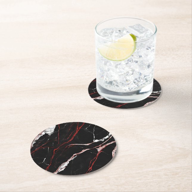 Modern Black Red Marble Round Paper Coaster (Insitu)