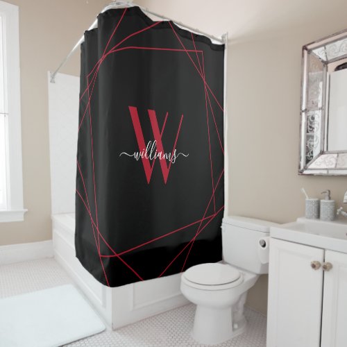 Modern Black Red Monogram Geometric Name Script Shower Curtain