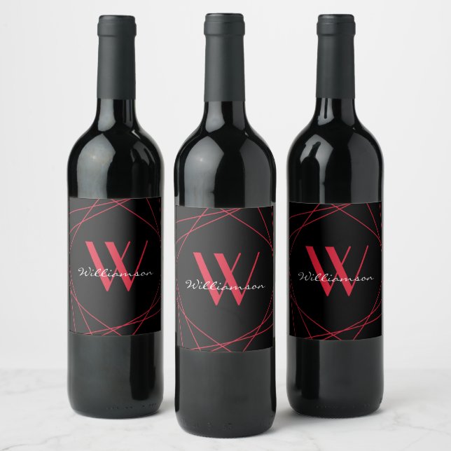 Modern Black Red Monogram Name Script Geometric Wine Label (Bottles)