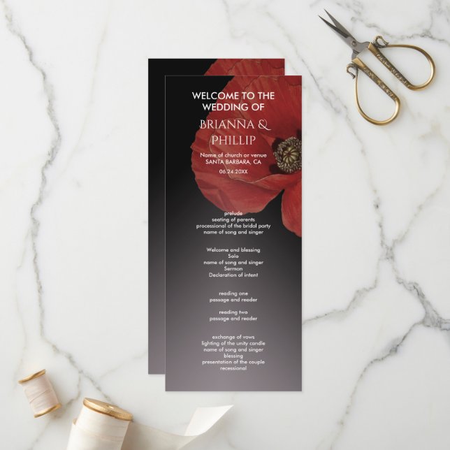 Modern black  Red Poppy Floral  Wedding Program (Front/Back In Situ)