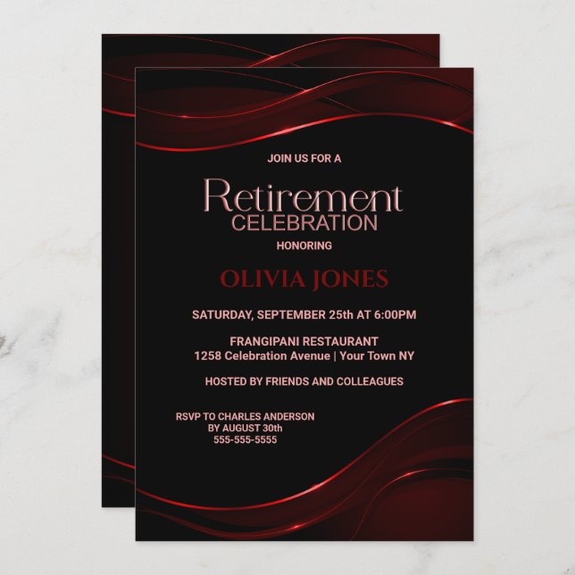 Modern Black Red Retirement Celebration Invitation (Front/Back)