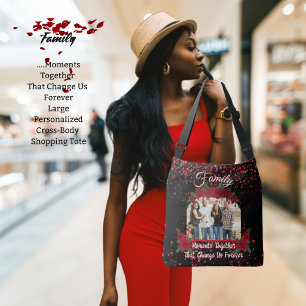 Modern Black Red Roses Family Photo Quote Floral Crossbody Bag