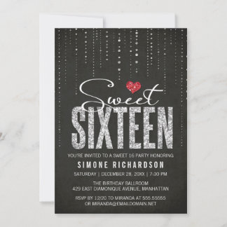 Modern Black Red & Silver Glitter Sweet 16 Invitation