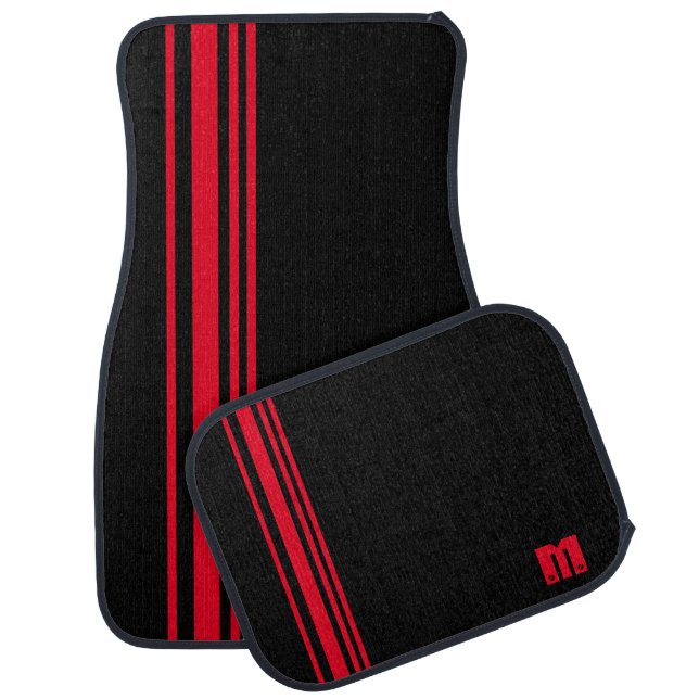 Modern Black Red Striped Monogram Car Floor Mat (Set)