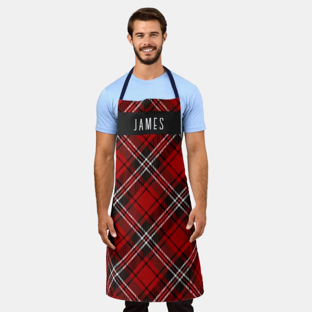 Modern Black Red Tartan Plaid Personalized  Apron (Worn)