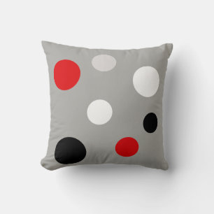 Modern Black Red White Circles on Gray Throw Pillow