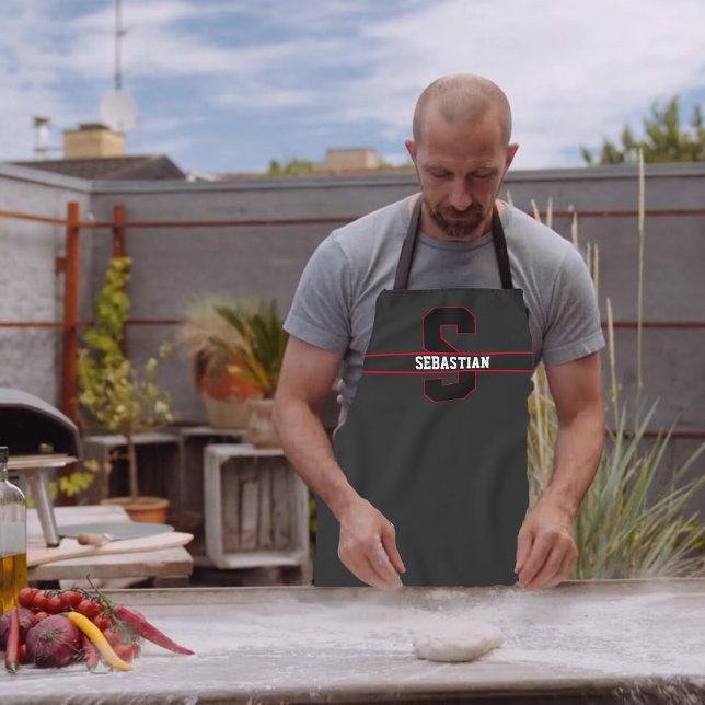Modern Black Red White Personalized Monogram Apron (Creator Uploaded)
