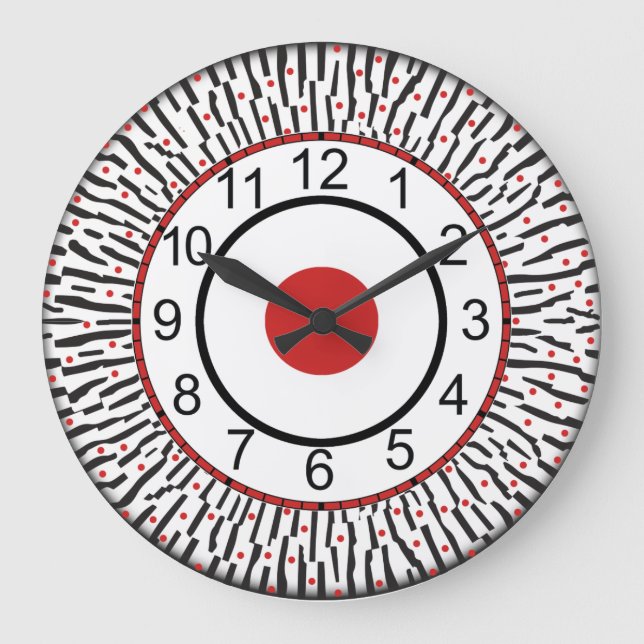 Modern black, red, white round wall clock (Front)