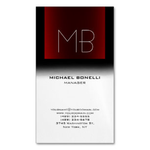 Modern black red white stylish monogrammed business card magnet