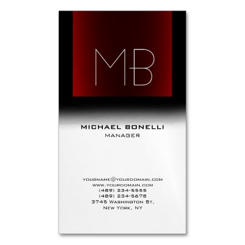 Modern black red white stylish monogrammed business card magnet