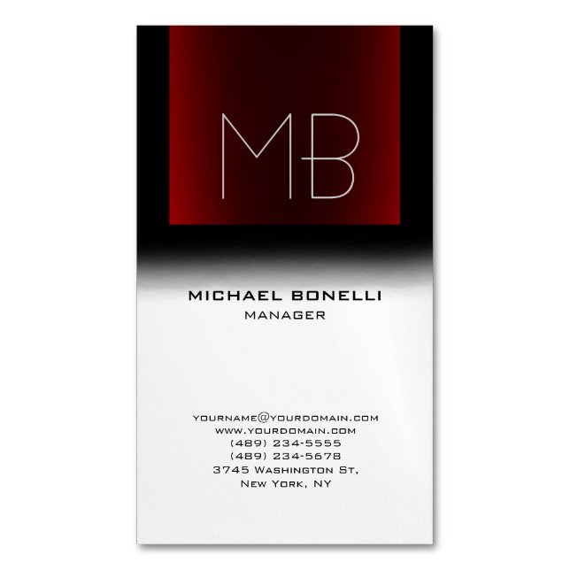 Modern black red white stylish monogrammed business card magnet (Front Vertical)