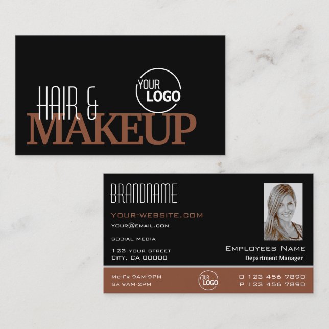 Modern Black Reddish Brown with Logo and Photo Business Card (Front/Back)