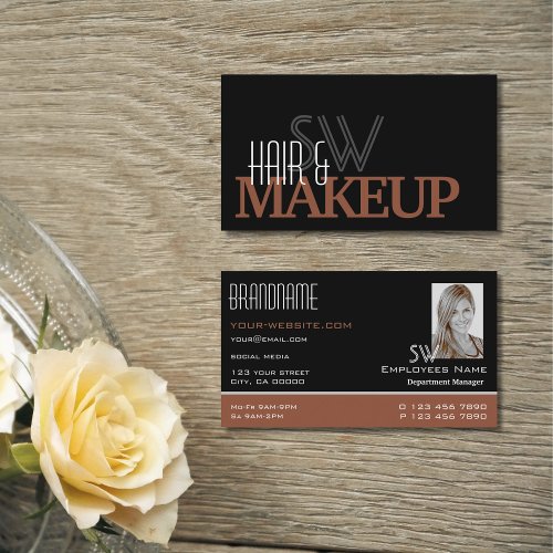 Modern Black Reddish Brown with Monogram and Photo Business Card