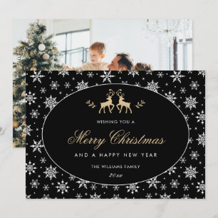 Modern Black Reindeer Snowflake Photo Holiday Card