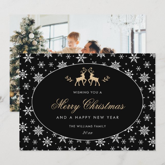 Modern Black Reindeer Snowflake Photo Holiday Card (Front/Back)