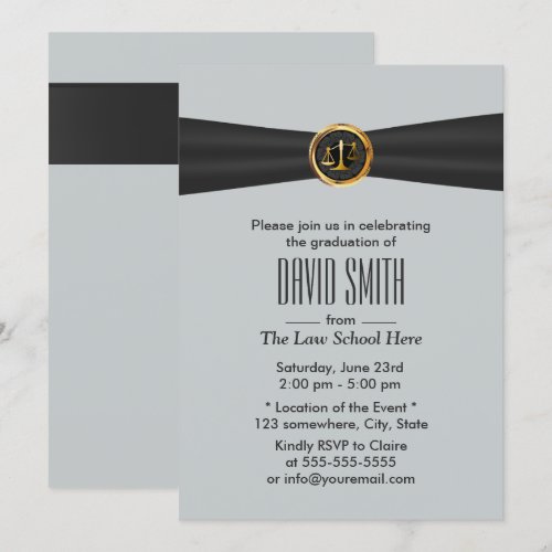 Modern Black Ribbon Silver Law School Graduation 5x7 Paper Invitation Card