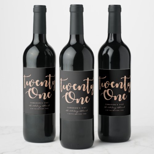 Modern Black Rose Gold 21st Birthday Personalized Wine Label